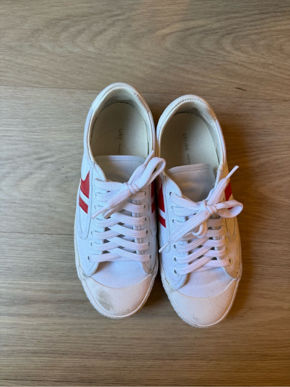 Celine White Canvas Sneakers with Red Stripes
